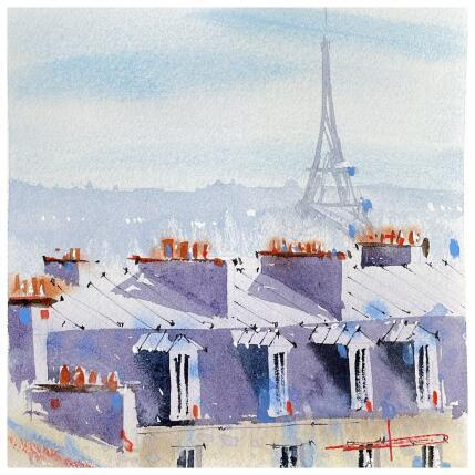 Peinture Piece and quiet over the parisian roofs par Bailly Kévin  | Tableau Figuratif Aquarelle, Encre Architecture, Urbain