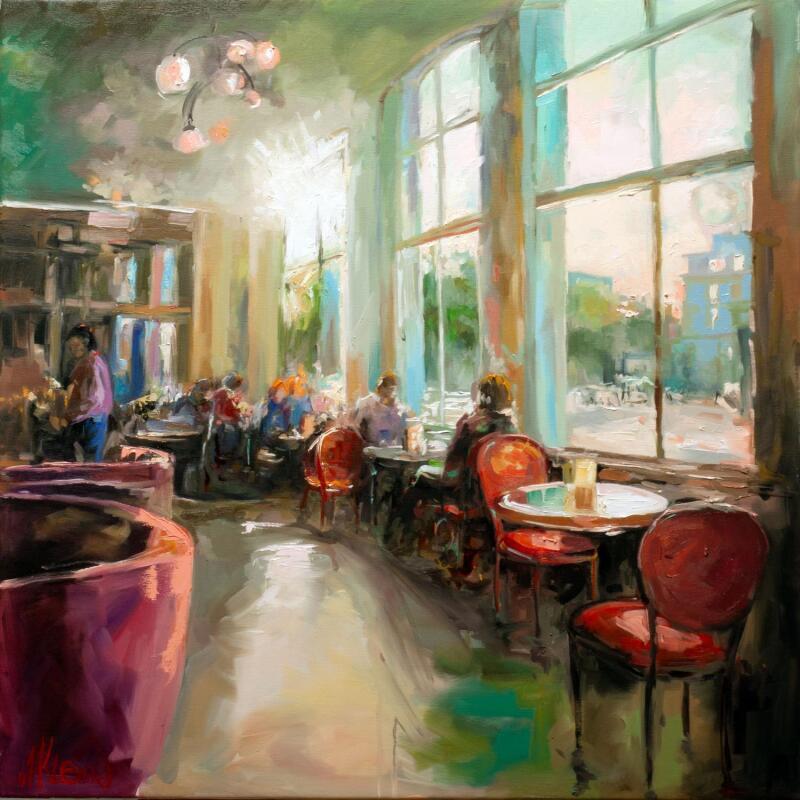 Painting Cafe Atmosphere at Sunset by Klemens Alexandr | Painting Impressionism Society Architecture Oil