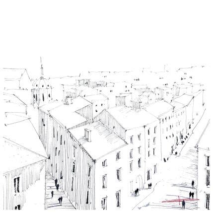 Gemälde Angle de vue des toits de Montpellier von Bailly Kévin | Gemälde Figurativ Aquarell, Tinte Architektur, Urban