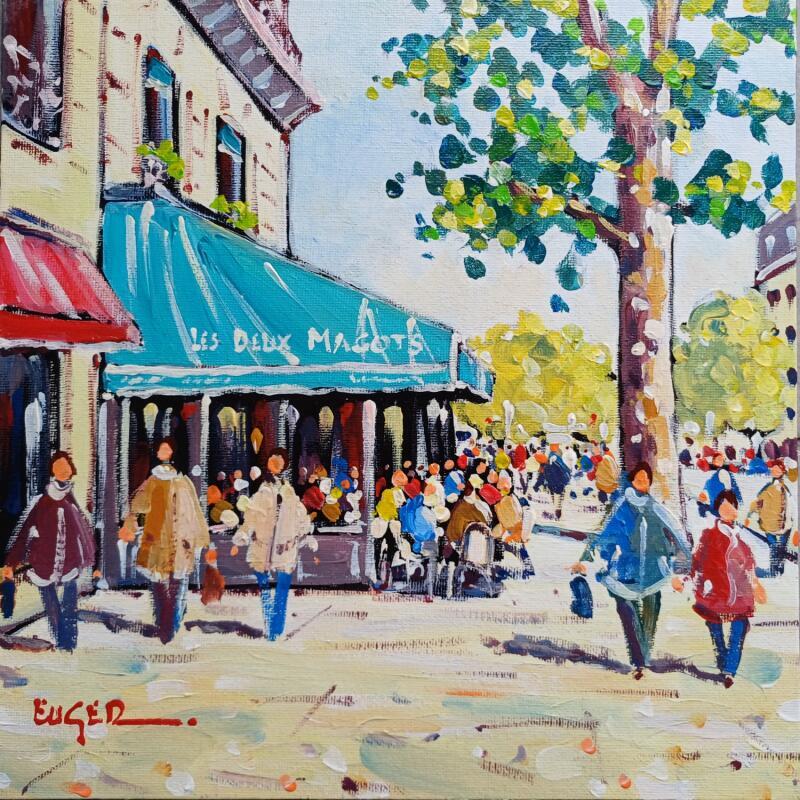 Gemälde DEJEUNER AUX DEUX MAGOTS von Euger | Gemälde Figurativ Gesellschaft Urban Alltagsszenen Acryl