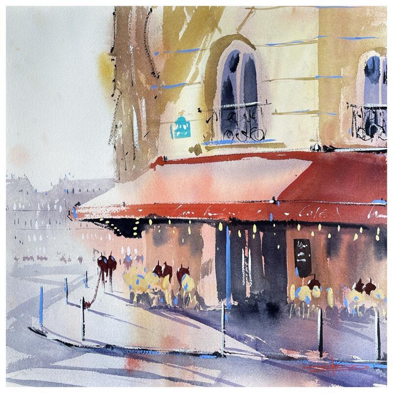 Painting Coffee corner in Paris by Bailly Kévin  | Painting Figurative Urban Architecture Watercolor Ink