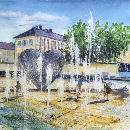 Painting Troyes jeux d’enfant au cœur des jets by Hoffmann Elisabeth | Painting Figurative Watercolor Urban