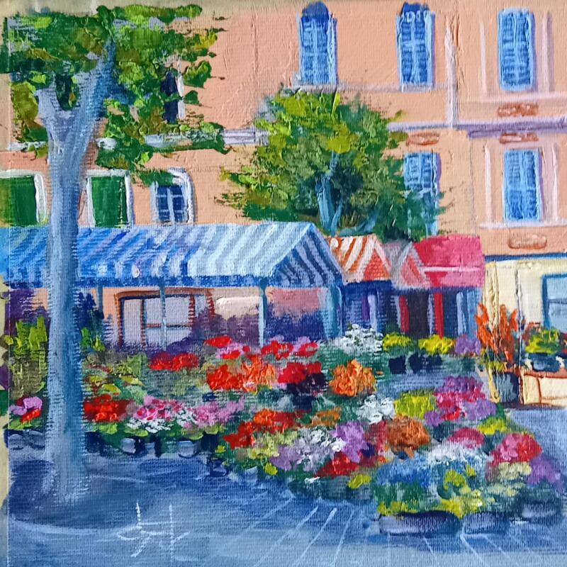 Peinture Marché aux fleurs à Aix en Provence  par Degabriel Véronique | Tableau Impressionnisme Paysages Urbain Scènes de vie Huile