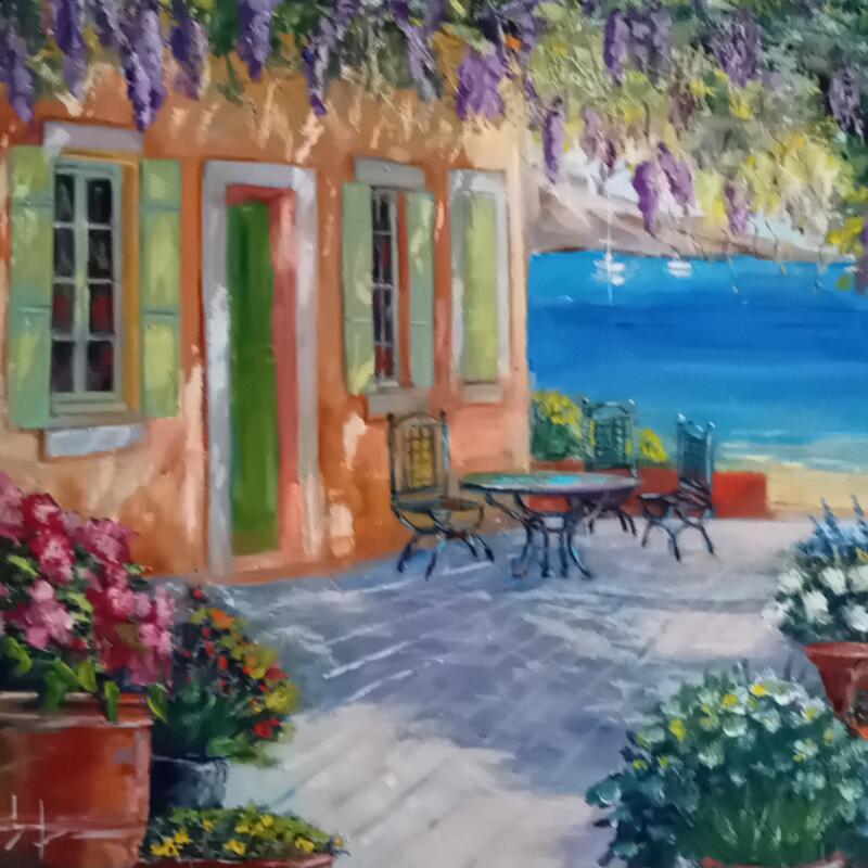 Painting Terrasse avec vue sur mer  by Degabriel Véronique | Painting Impressionism Landscapes Marine Life style Oil