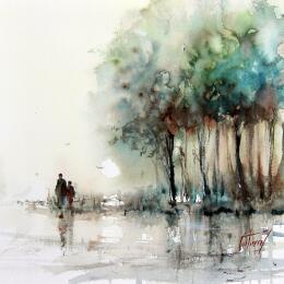 Painting La Loire - L'heure dorée by Gutierrez | Painting Impressionism Watercolor Landscapes, Pop icons, Urban