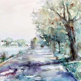 Peinture Promenade des gabares par Gutierrez | Tableau Impressionnisme Aquarelle Paysages, Urbain