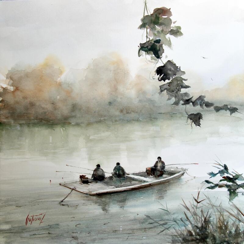 Painting La loire - la pêche au coup by Gutierrez | Painting Impressionism Landscapes Watercolor