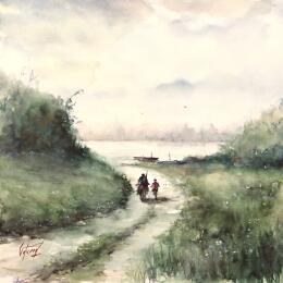 Painting La Touraine - Les deux pêcheurs by Gutierrez | Painting Impressionism Watercolor Landscapes