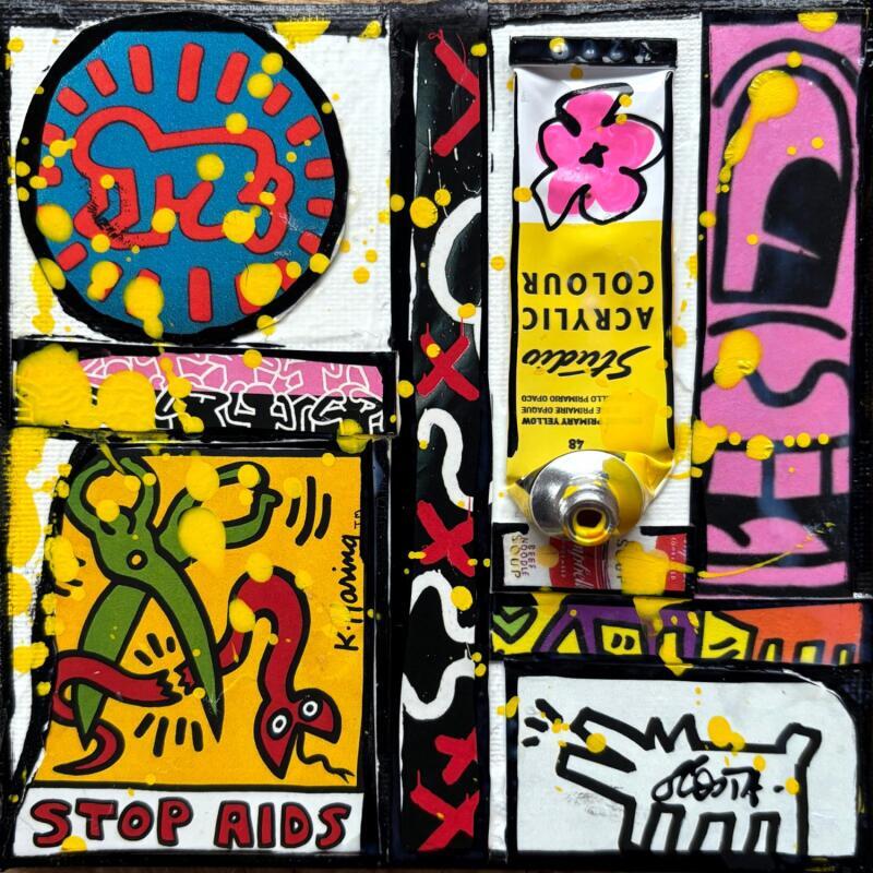 Painting Tribute to Keith Haring by Costa Sophie | Painting Pop-art Pop icons Acrylic Gluing Upcycling