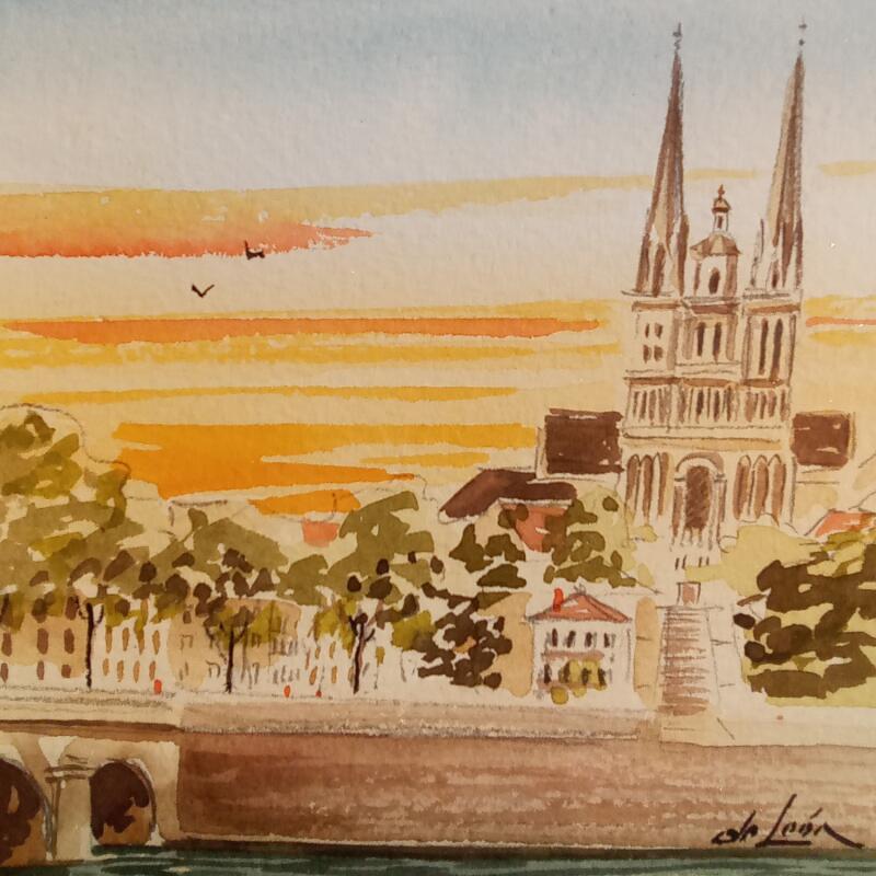 Painting Rivière et cathédrale by De León Lévi Marcelo | Painting Figurative Urban Watercolor