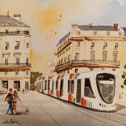 Peinture En promenade avec le chien par De León Lévi Marcelo | Tableau Figuratif Aquarelle Urbain