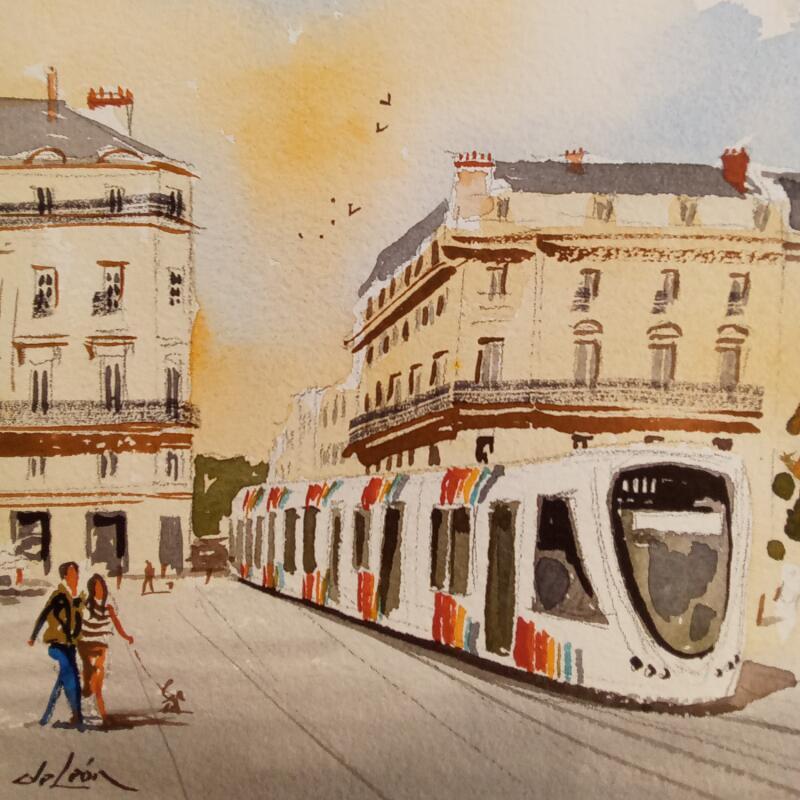 Peinture En promenade avec le chien par De León Lévi Marcelo | Tableau Figuratif Urbain Aquarelle