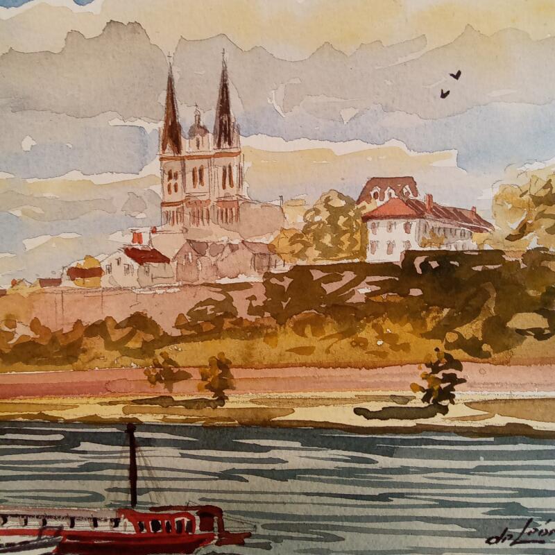 Painting Bateaux à Angers by De León Lévi Marcelo | Painting Figurative Urban Watercolor