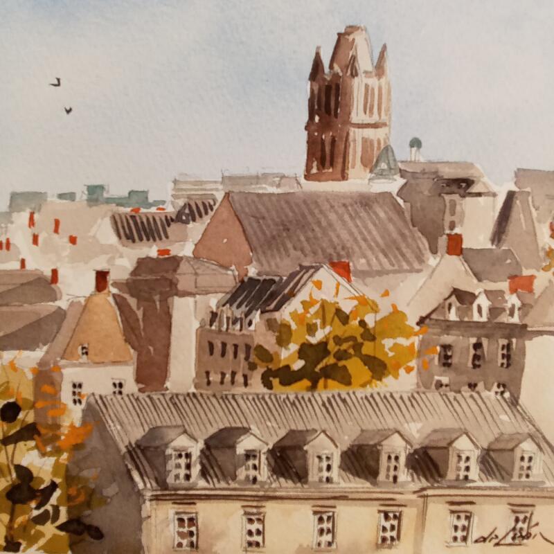 Painting Tour et ciel by De León Lévi Marcelo | Painting Figurative Urban Watercolor