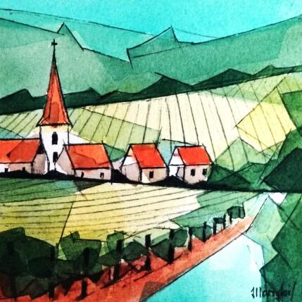 Painting Vignes 3 (clocher orange) by Langlois Jean-Luc | Painting Figurative Watercolor Landscapes