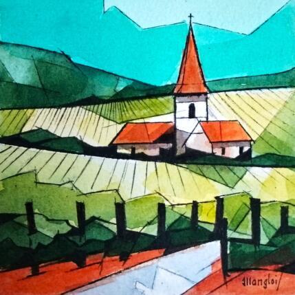 Peinture Vignes 5 (église) par Langlois Jean-Luc | Tableau Figuratif Aquarelle Paysages