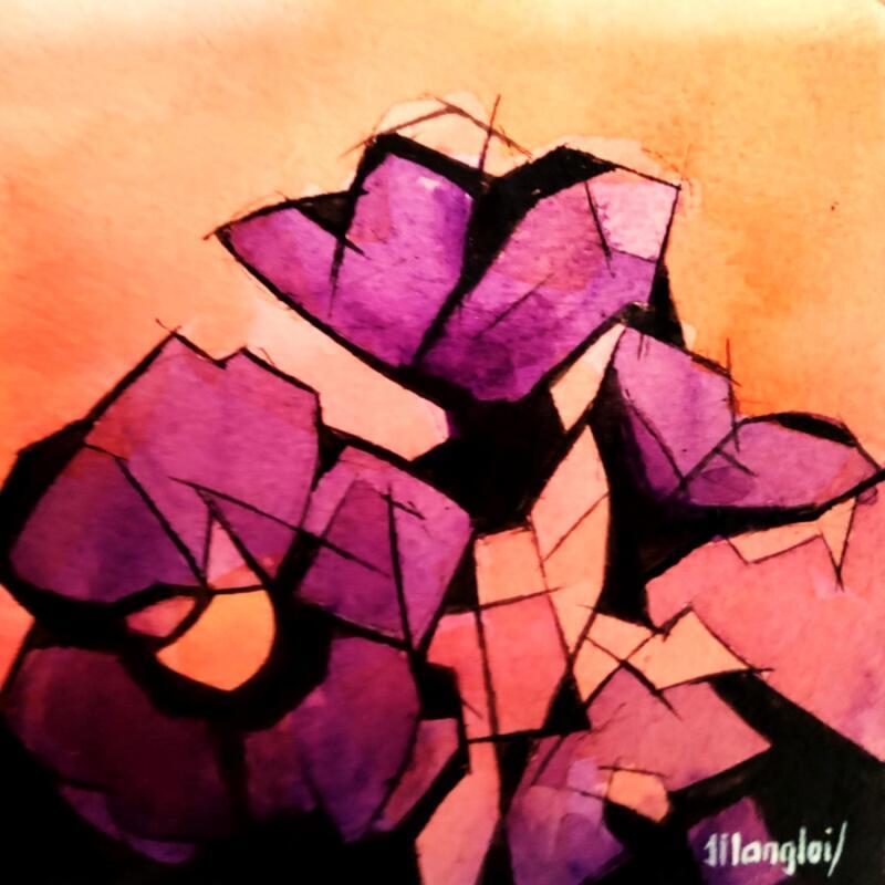 Painting Fleurs 4 (orange) by Langlois Jean-Luc | Painting Figurative Nature Watercolor