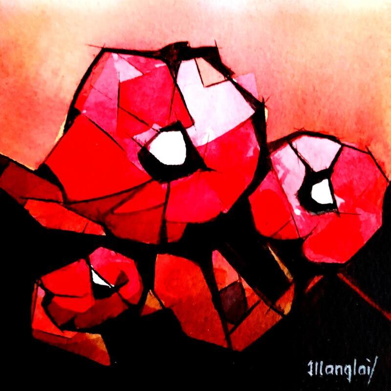 Peinture Fleurs 5 (rouge) par Langlois Jean-Luc | Tableau Figuratif Nature Aquarelle