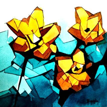 Painting Fleurs 1 (bleu) by Langlois Jean-Luc | Painting Figurative Watercolor Nature, Pop icons