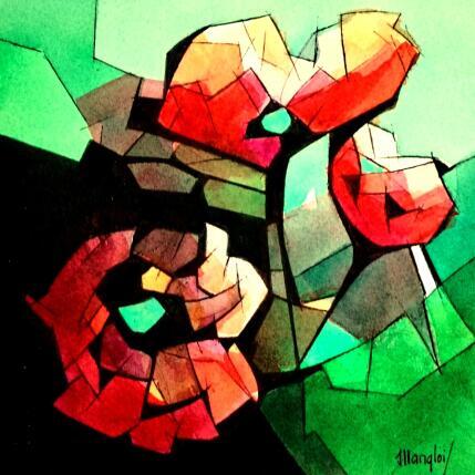 Peinture Fleurs 3 (vert) par Langlois Jean-Luc | Tableau Figuratif Aquarelle Nature