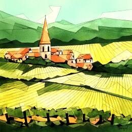 Peinture Vignes par Langlois Jean-Luc | Tableau Figuratif Aquarelle Paysages