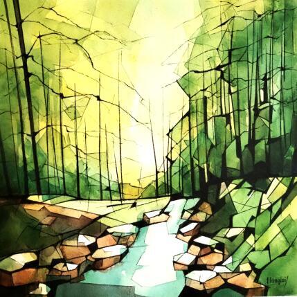 Peinture Ruisseau 1 (vert) par Langlois Jean-Luc | Tableau  Aquarelle Nature