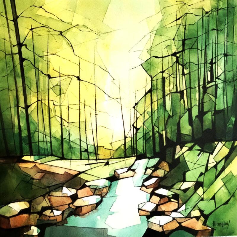 Gemälde Ruisseau 1 (vert) von Langlois Jean-Luc | Gemälde Natur Aquarell