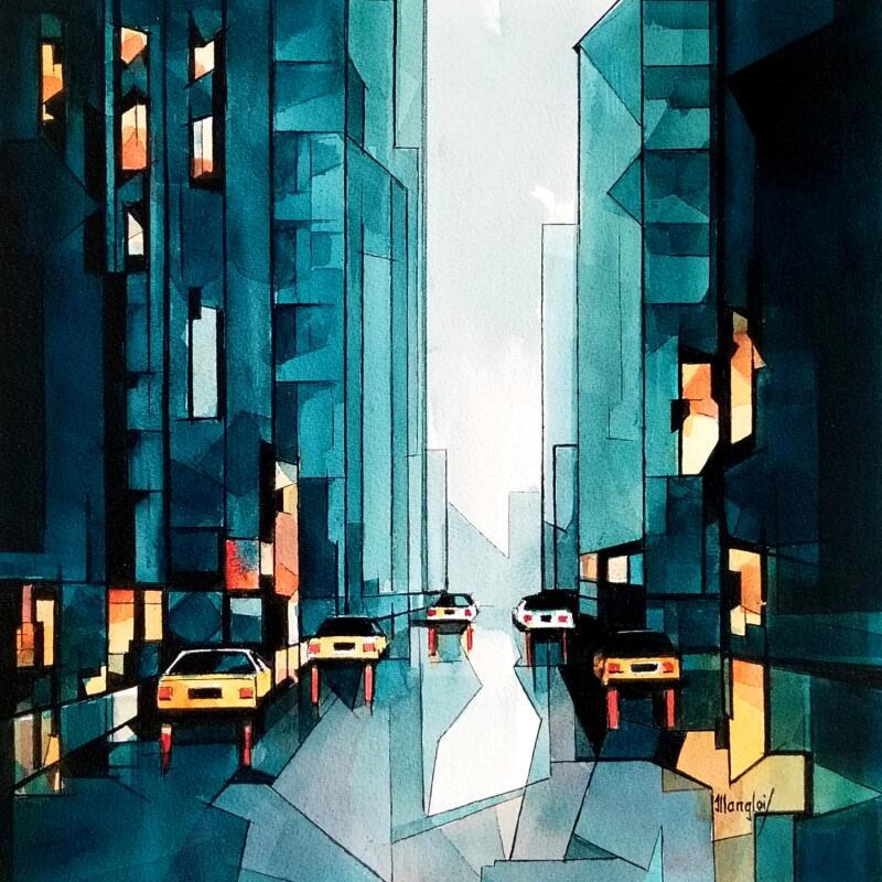 Gemälde New-York 1 (bleu) von Langlois Jean-Luc | Gemälde Figurativ Urban Aquarell