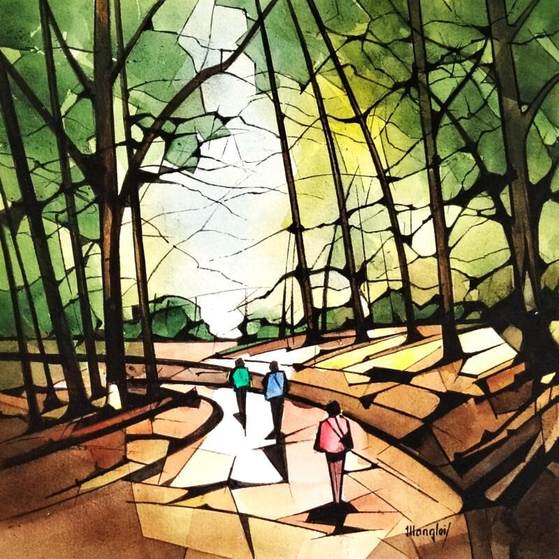 Gemälde Marche en fôret 1 von Langlois Jean-Luc | Gemälde Figurativ Natur Aquarell