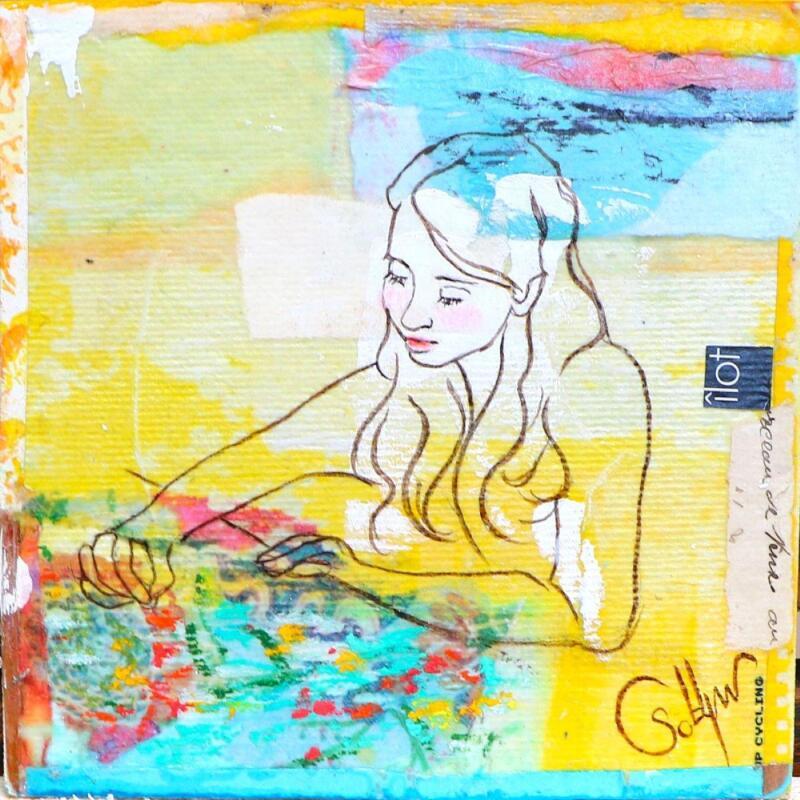 Peinture LA POUDREE par Sablyne | Tableau Art Singulier Scènes de vie Bois Carton Acrylique Collage Encre Pastel Feuille d'or Upcycling Papier Pigments