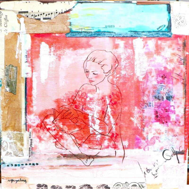 Peinture TALISMAN par Sablyne | Tableau Art Singulier Scènes de vie Bois Carton Acrylique Collage Encre Pastel Feuille d'or Upcycling Papier Pigments