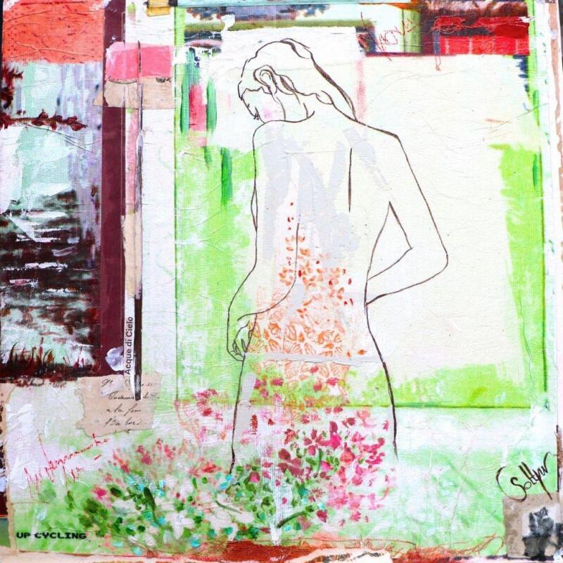 Gemälde O VERT DE L'EAU von Sablyne | Gemälde Art brut Landschaften Natur Alltagsszenen Holz Pappe Acryl Collage Tinte Pastell Upcycling Papier Pigmente