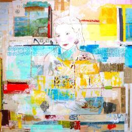 Painting POETIC PATIO by Sablyne | Painting Raw art Acrylic, Cardboard, Gluing, Gold leaf, Ink, Paper, Pastel, Pigments, Upcycling, Wood Life style, Portrait