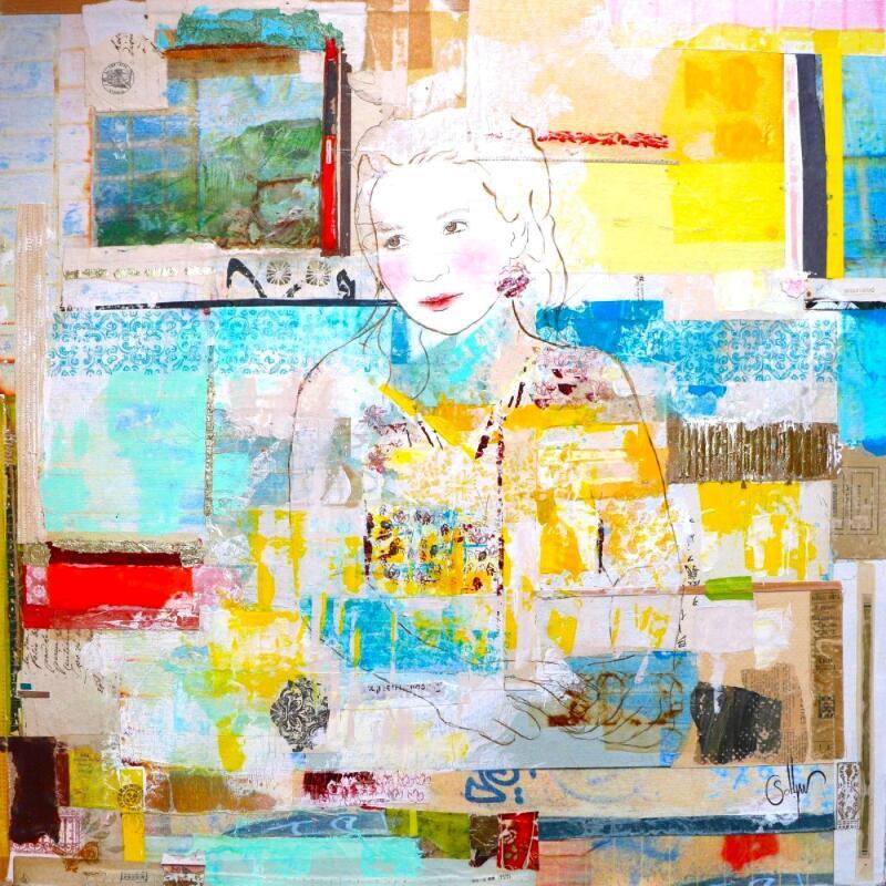 Peinture POETIC PATIO par Sablyne | Tableau Art Singulier Portraits Scènes de vie Bois Carton Acrylique Collage Encre Pastel Feuille d'or Upcycling Papier Pigments