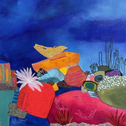 Pintura Nager dans le lagon rose por Lau Blou | Pintura Abstracto Acrílico, Cartón, Collage