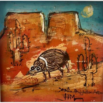 Peinture Javelina and cactus par Maury Hervé | Tableau Art Singulier Acrylique, Encre, Pigments, Sable Animaux