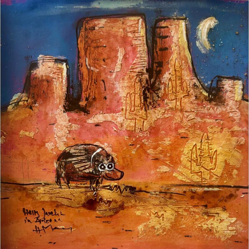 Painting Javelina at night by Maury Hervé | Painting Raw art Animals Acrylic Ink Sand Pigments