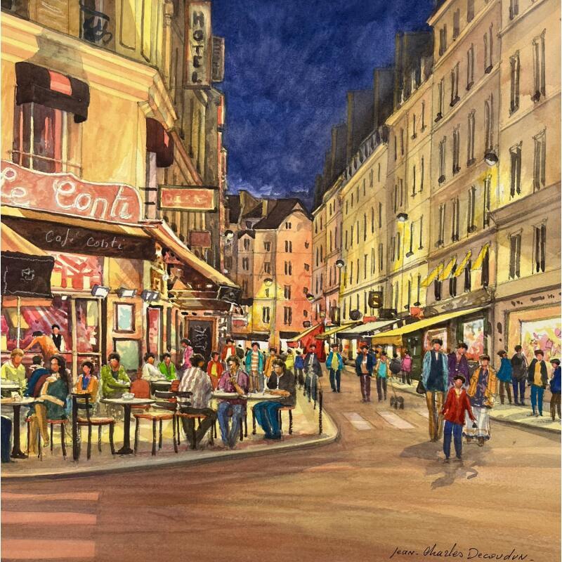 Gemälde Cafés rue Bucci von Decoudun Jean charles | Gemälde Figurativ Urban Aquarell