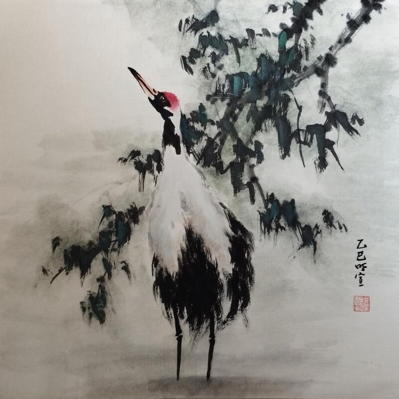 Painting Crane in a pond by Du Mingxuan | Painting Figurative Animals Watercolor Ink