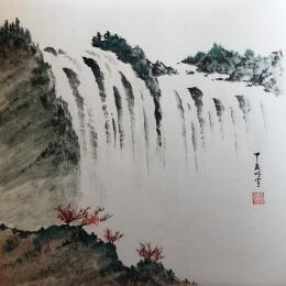 Painting Waterfall by Du Mingxuan | Painting Figurative Ink, Watercolor Landscapes