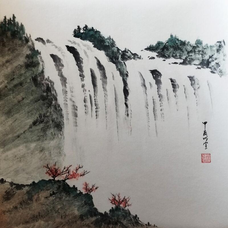 Gemälde Waterfall von Du Mingxuan | Gemälde Figurativ Landschaften Aquarell Tinte