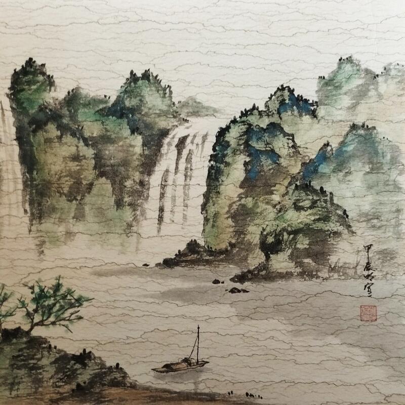 Painting Boat and waterfall by Du Mingxuan | Painting Figurative Landscapes Watercolor Ink
