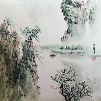 Peinture Boat under cliff par Du Mingxuan | Tableau Figuratif Aquarelle, Encre Paysages