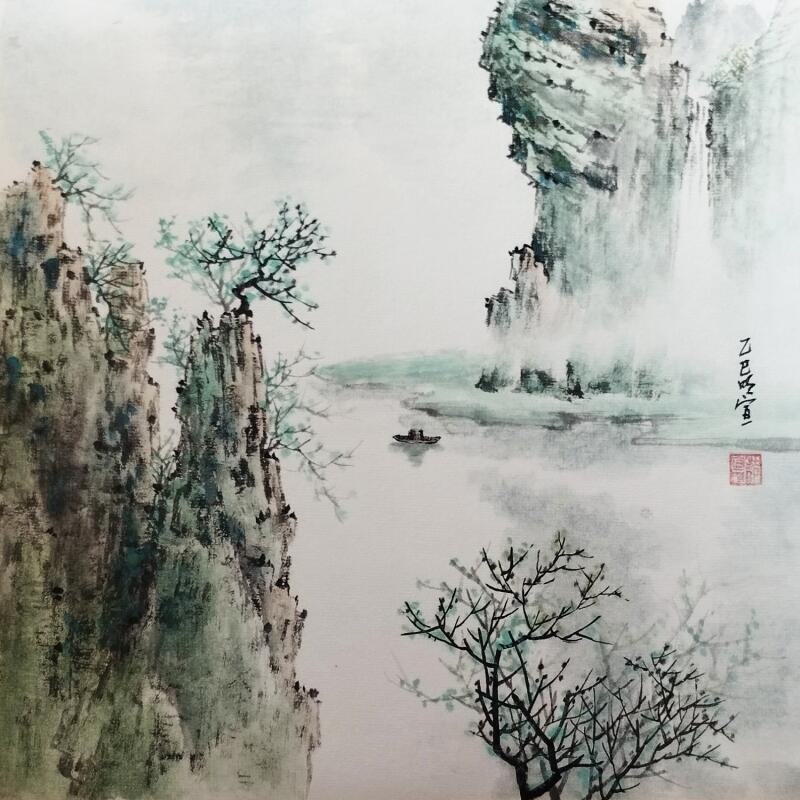 Pintura Boat under cliff por Du Mingxuan | Pintura Figurativo Paisajes Acuarela Ink