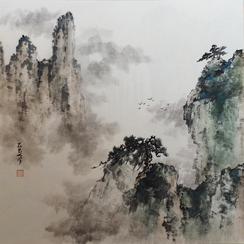 Painting Cloudy mountains by Du Mingxuan | Painting Figurative Landscapes Watercolor Ink