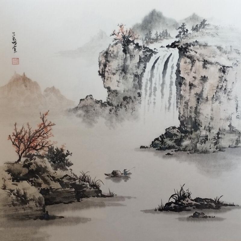 Painting Fisherman by Du Mingxuan | Painting Figurative Landscapes Watercolor Ink