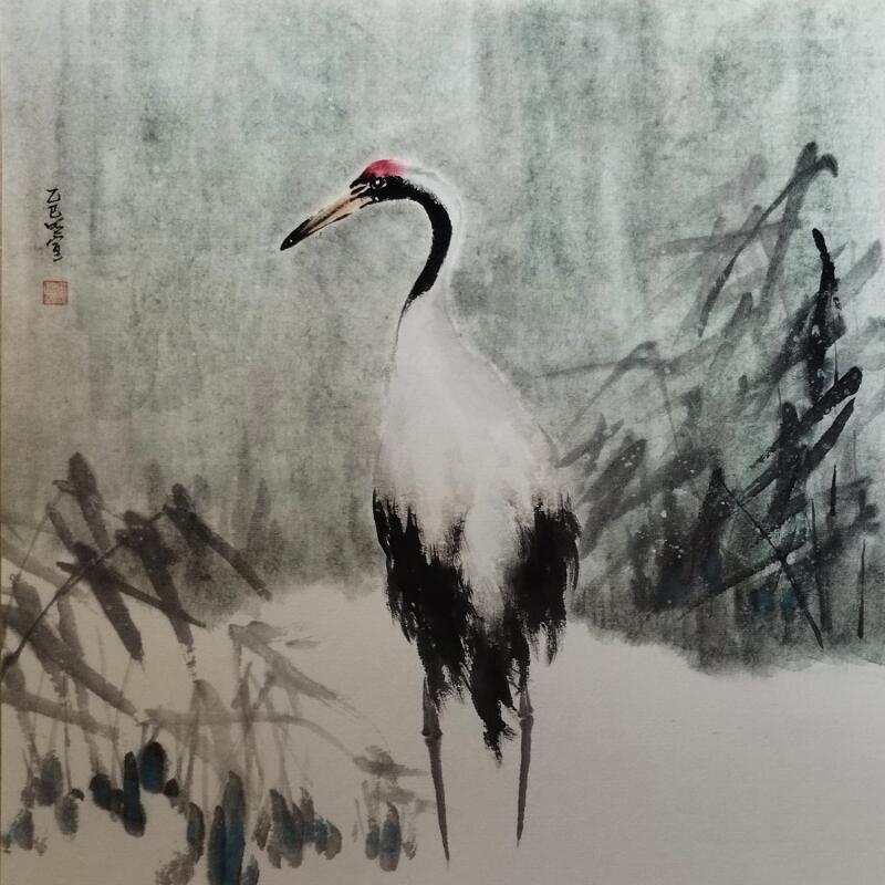 Gemälde Crane in winter von Du Mingxuan | Gemälde Figurativ Tiere Aquarell Tinte