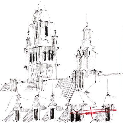 Peinture un regard sur les toits et le Beffroi par Bailly Kévin  | Tableau Figuratif Aquarelle, Encre Architecture, Urbain