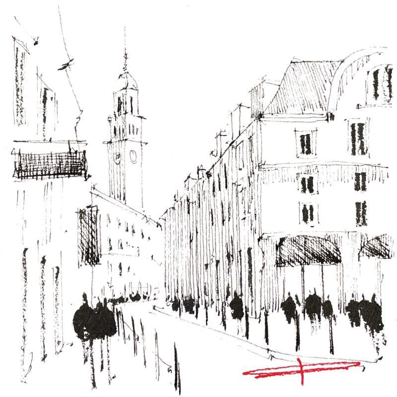 Gemälde Monochrome d'une déambulation lilloise von Bailly Kévin  | Gemälde Figurativ Urban Architektur Aquarell Tinte