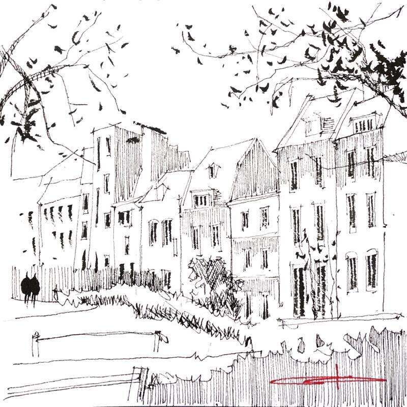 Painting Rouge brique, coeur frite by Bailly Kévin  | Painting Figurative Urban Architecture Watercolor Ink